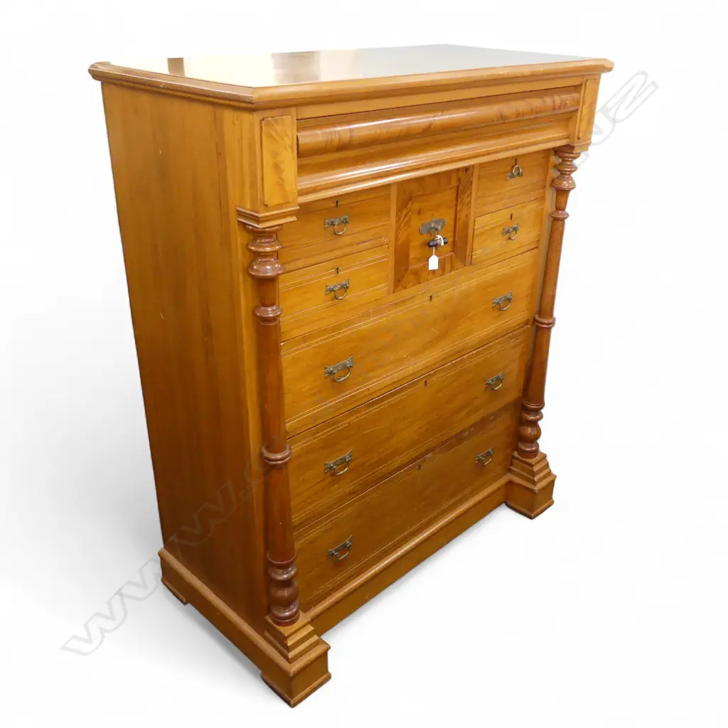 NZ colonial 9 drawer scotch chest, rimu w puriri fascia to top drawers, lge chip top cnr.  1220 x 590 x 1480mnm Image 1++