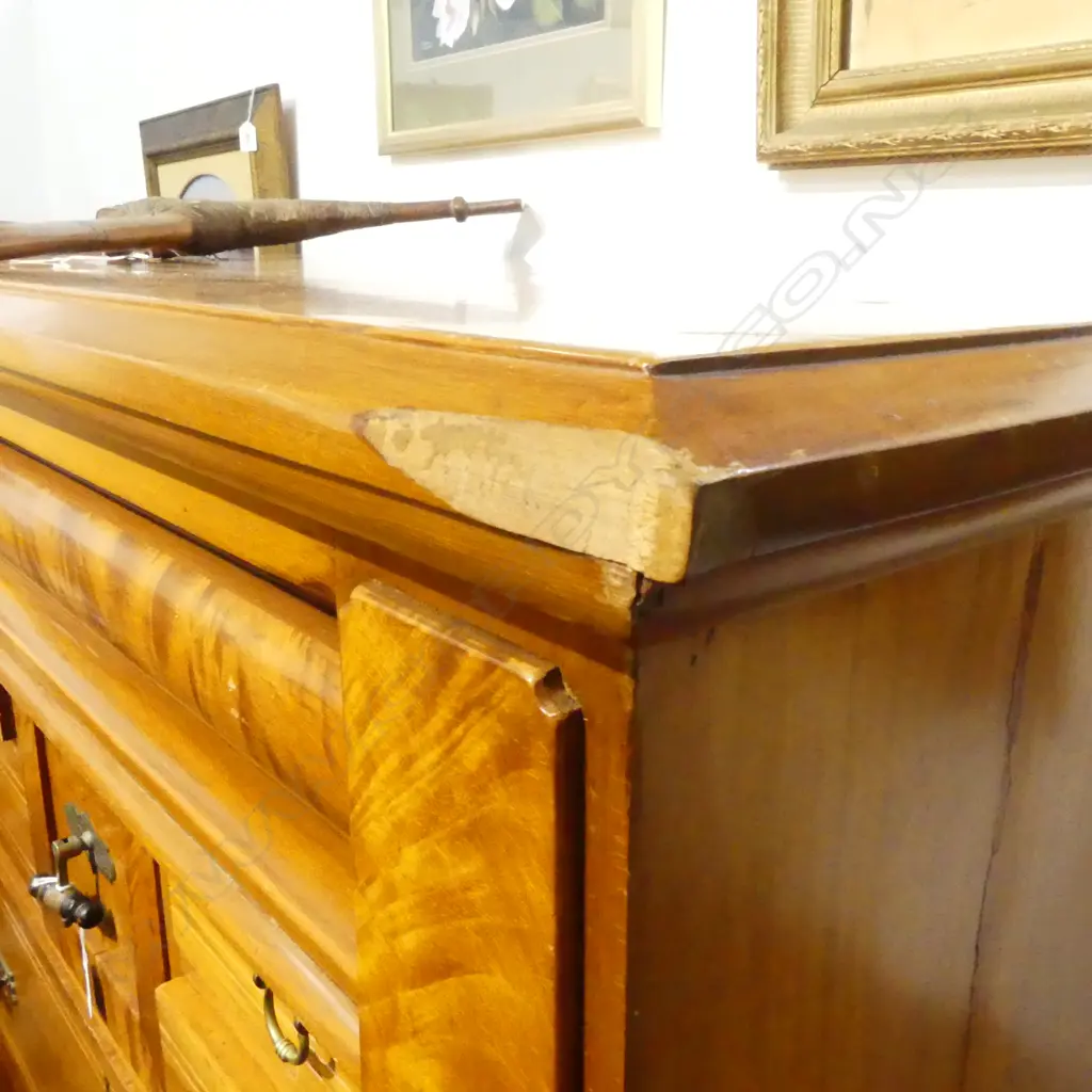 NZ colonial 9 drawer scotch chest, rimu w puriri fascia to top drawers, lge chip top cnr.  1220 x 590 x 1480mnm Image 1++