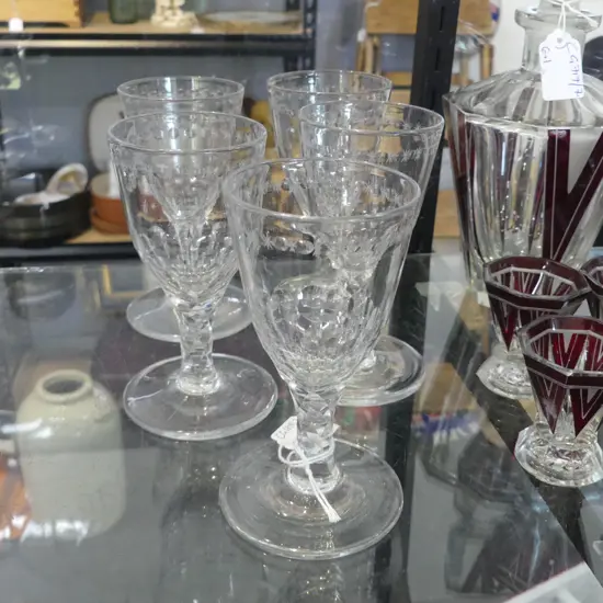5 ANTIQUE DRINKING GLASSES w. FACET CUT STEMS H.135mm