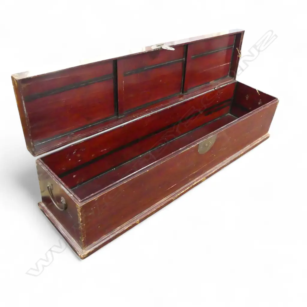 CHINESE RED PAINTED LONG STORAGE TRUNK 1350  x 300 x 330mm Image 1++