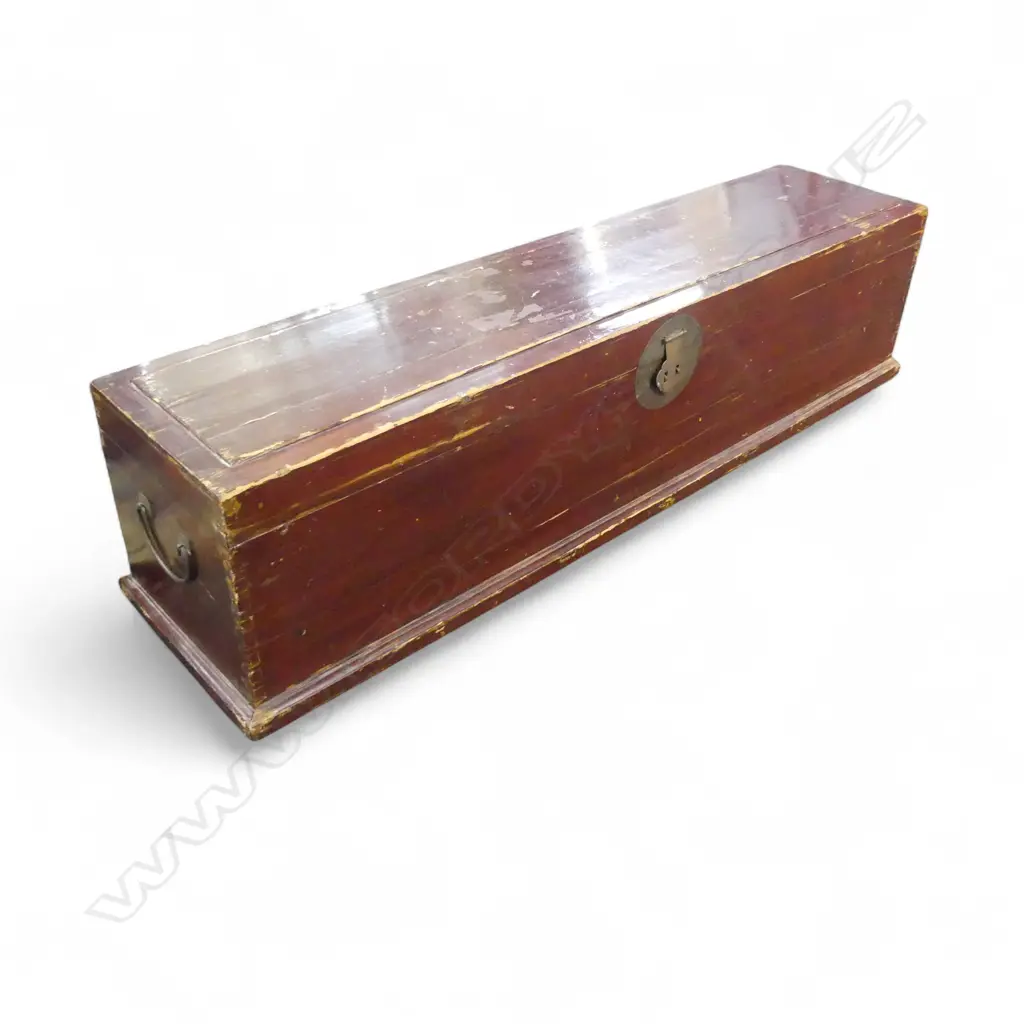 CHINESE RED PAINTED LONG STORAGE TRUNK 1350  x 300 x 330mm Image 1++