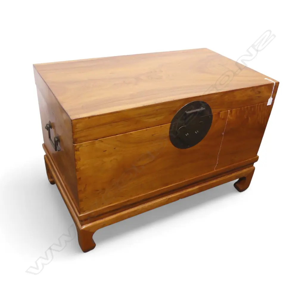 Chinese Camphor Chest in natural gold colour on separate base, Zhejiang province, c.1890. 900 x 500 x 610mm Image 1++