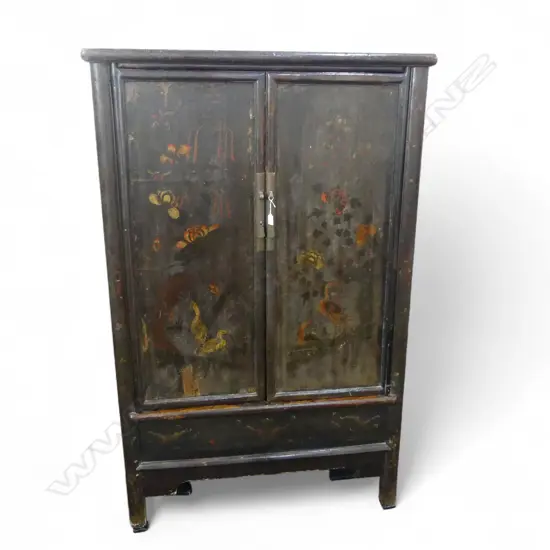 CHINESE LATE QING STANDING CABINET w 2 DOORS w ORIG PAINTED DECORATION (cut out to back panel) 1090 x 570 x 1740mm
