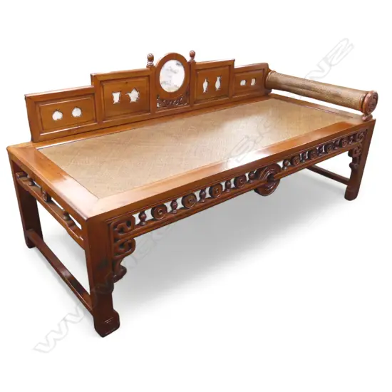 Opium Bed with marble panels and rattan base and pillow, Zhejiang province, c.1895 1930 x 830 x 980mm