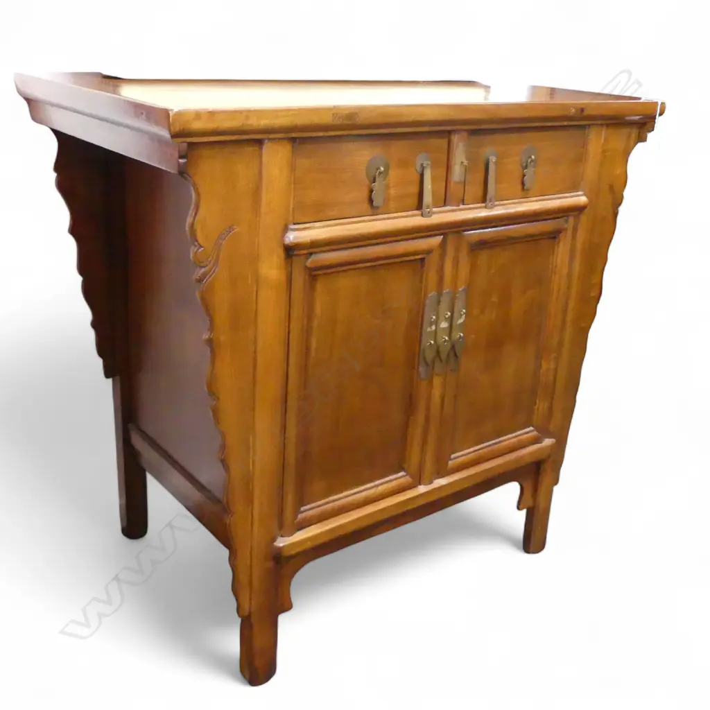 Chinese Standing Cabinet with carved ends - two doors and two drawers 1000 x 600 x 950mm Image 1++