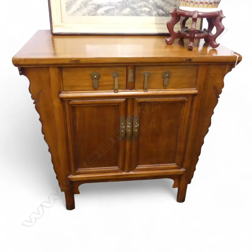Chinese Standing Cabinet with carved ends - two doors and two drawers 1000 x 600 x 950mm Image 1++