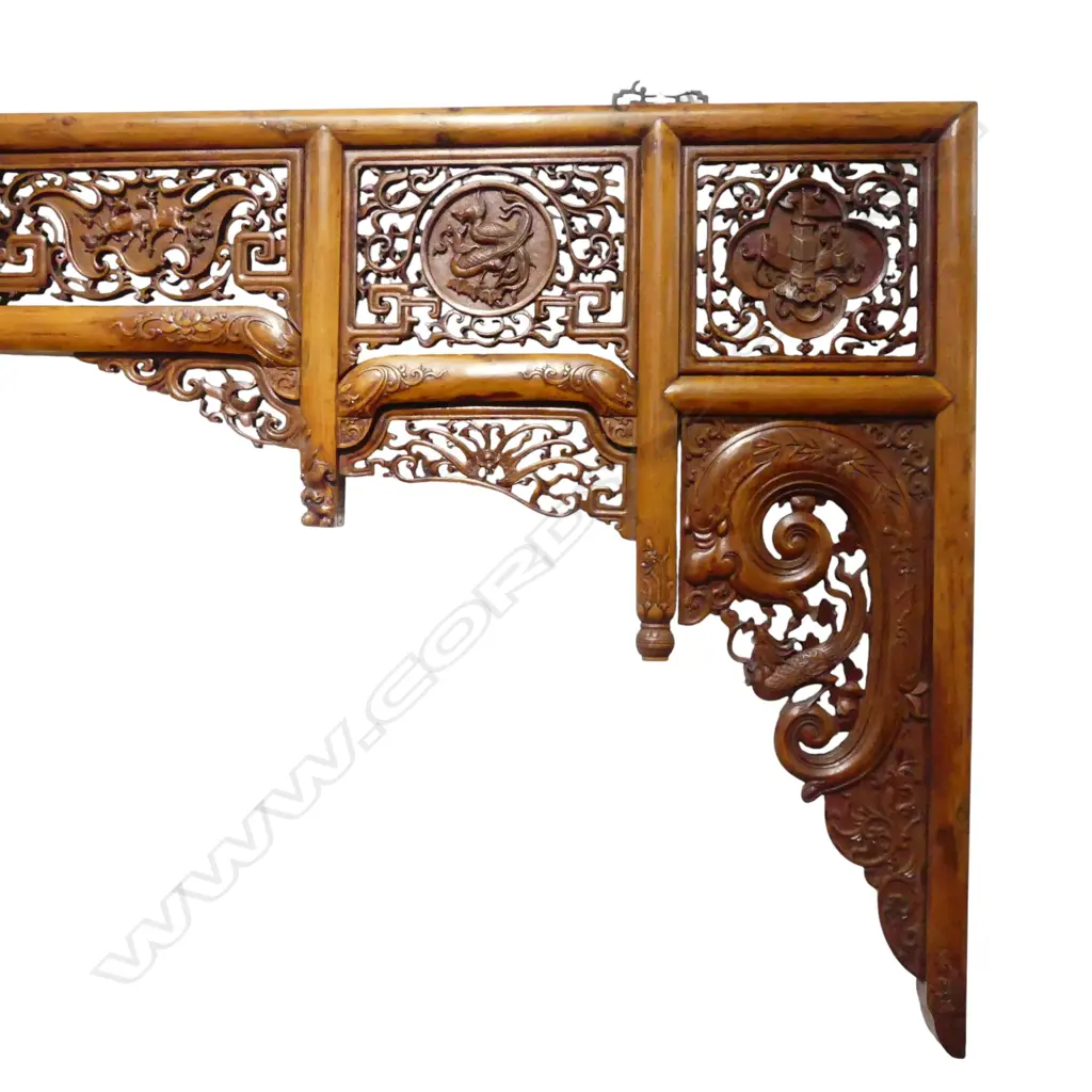 Chinese finely carved headboard in 13 panels in natural pale golden timber colour, Zhejiang province c.1875 740 x 2010mm Image 1++