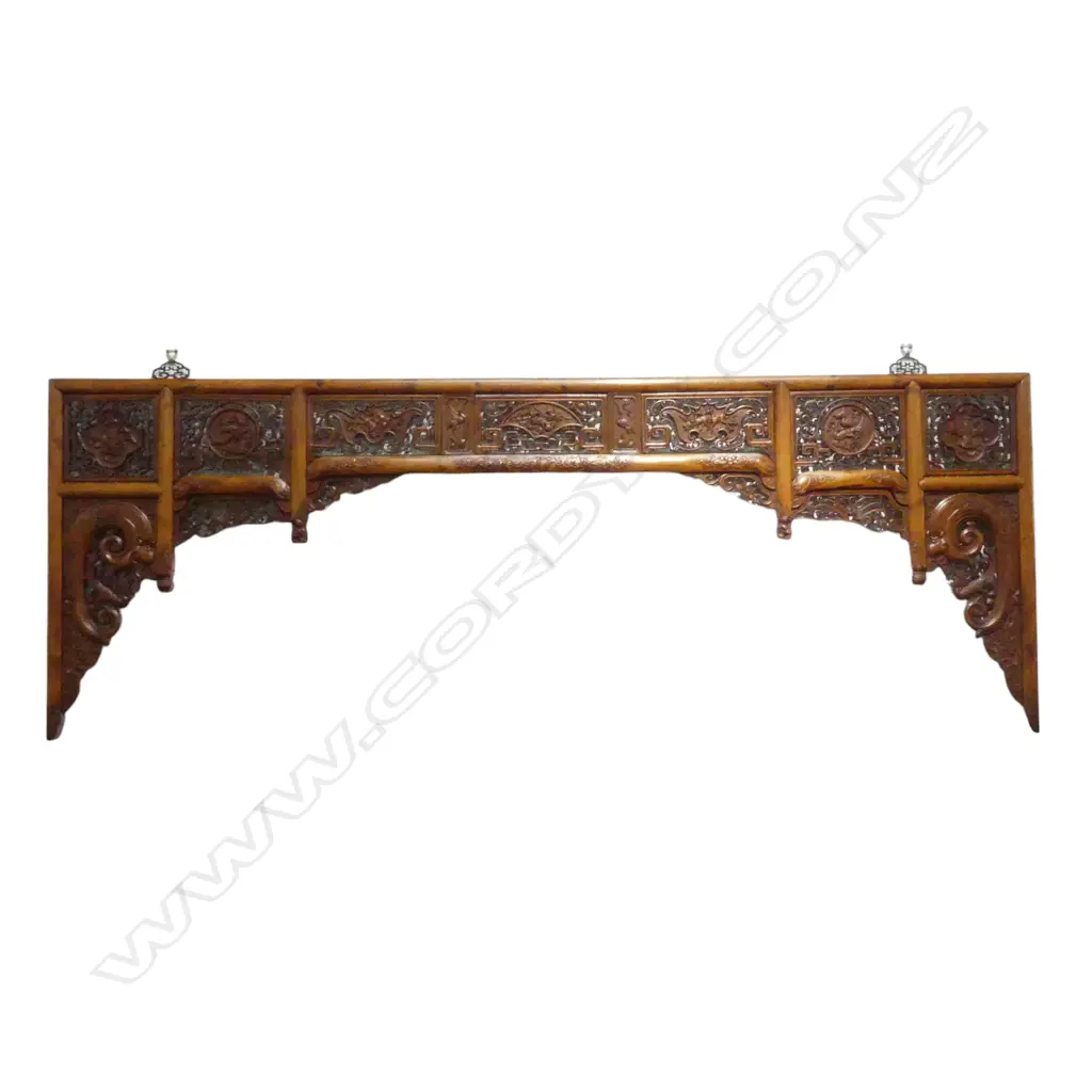 Chinese finely carved headboard in 13 panels in natural pale golden timber colour, Zhejiang province c.1875 740 x 2010mm Image 1++