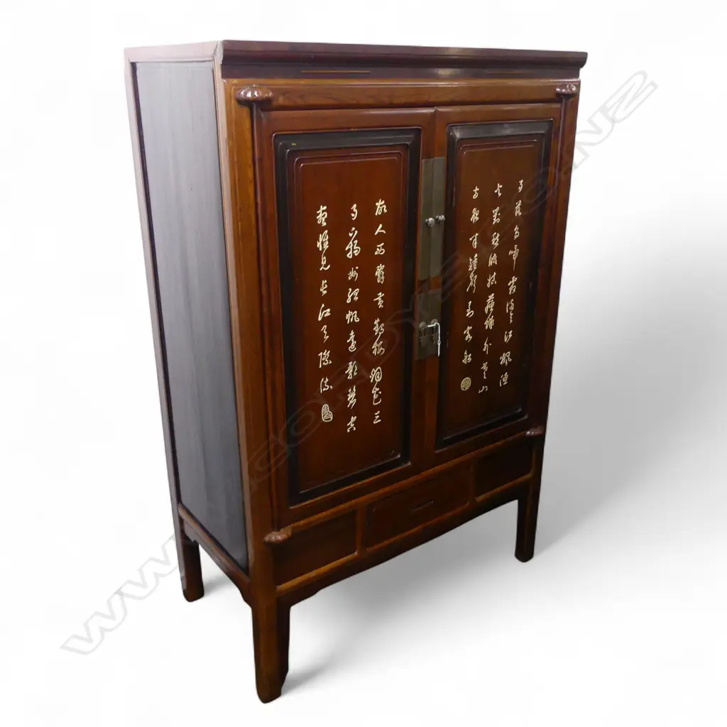 Large Chinese two door cabinet & single drawer, bone inlaid carving, Zhejiang province, c.1900. 1160 x 620 x 1770mm Image 1++