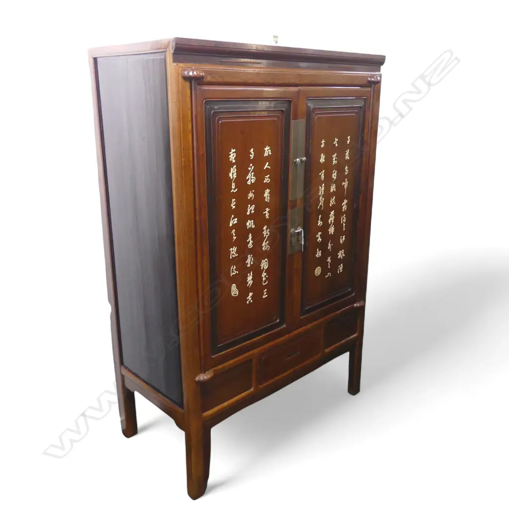 Large Chinese two door cabinet & single drawer, bone inlaid carving, Zhejiang province, c.1900. 1160 x 620 x 1770mm Image 1++