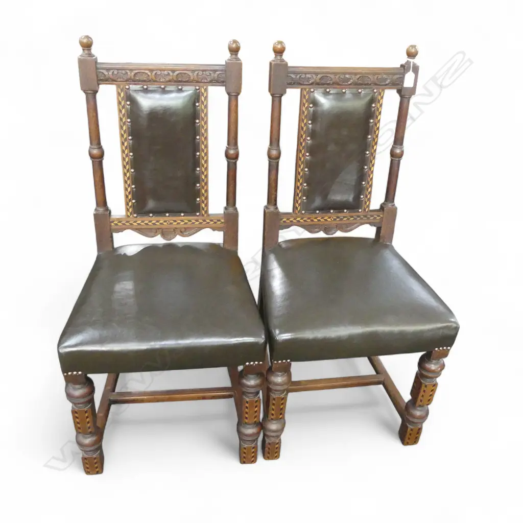 PR EARLY 20thC INLAID OAK DINING CHAIRS w. LEATHER UPHOLSTERY Image 1++