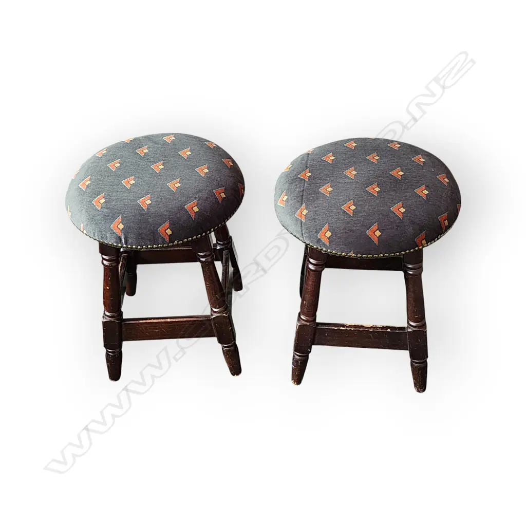 HEAVY PAIR OF VINTAGE WOODEN STOOLS – DARK WOOD WITH BLUE UPHOLSTERED SEATS AND STUDDED TRIM Image 1++