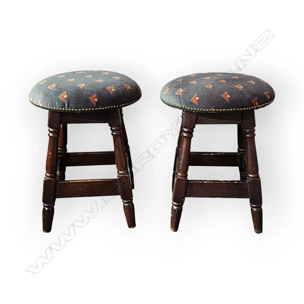 HEAVY PAIR OF VINTAGE WOODEN STOOLS – DARK WOOD WITH BLUE UPHOLSTERED SEATS AND STUDDED TRIM Image 1++