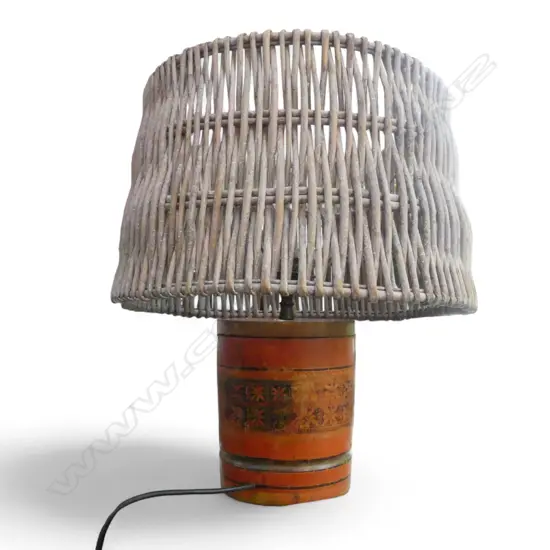 TABLE LAMP w. WOODEN BASE & WOVEN CANE SHADE H.500mm, 410mm dia