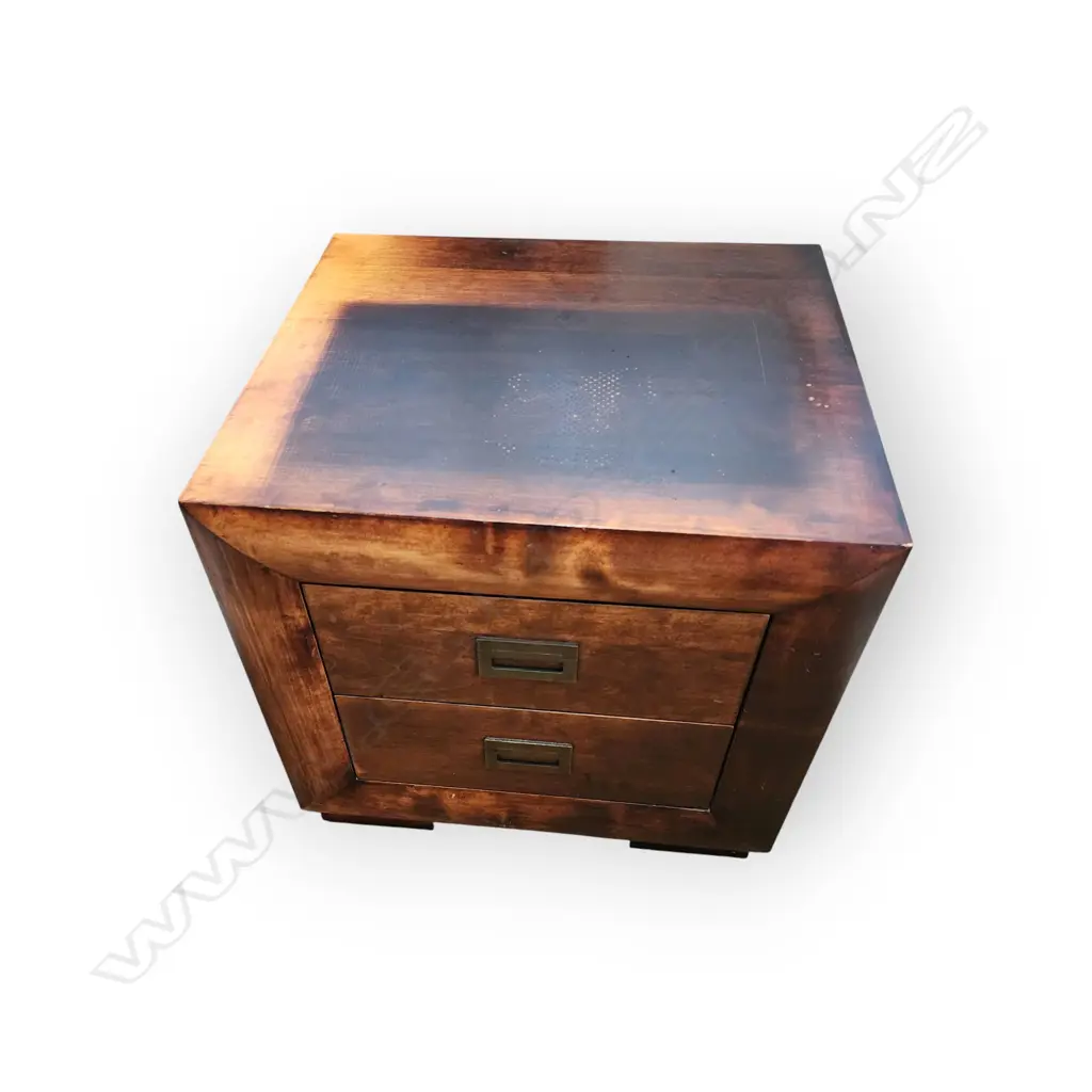 WOODEN NIGHTSTAND - TWO DRAWERS WITH RECTANGULAR BRASS HANDLES - BURNED MARK ON TOP Image 1++