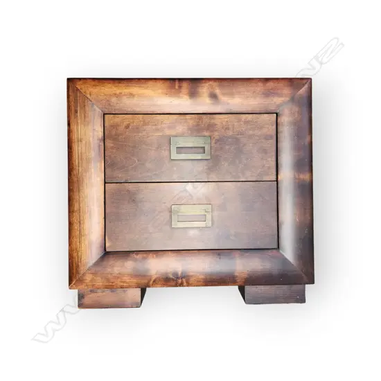 WOODEN NIGHTSTAND - TWO DRAWERS WITH RECTANGULAR BRASS HANDLES - BURNED MARK ON TOP