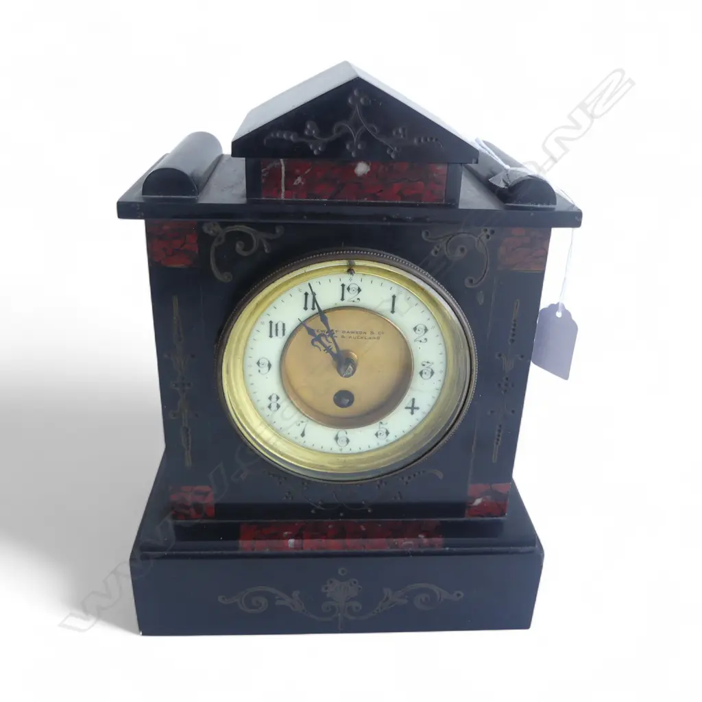 STEWART DAWSON & Co. BLACK SLATE & MARBLE MANTEL CLOCK H.285mm Image 1++