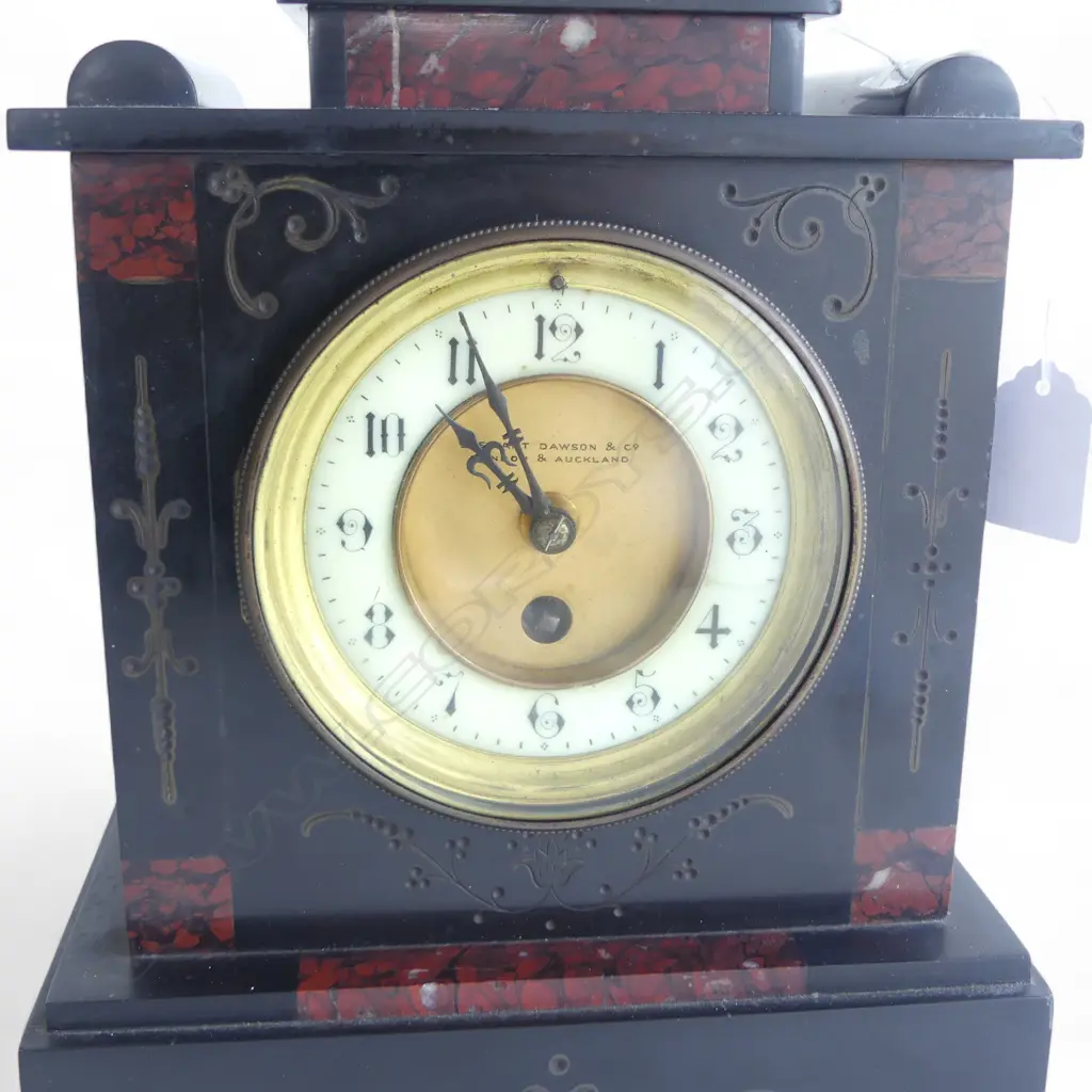 STEWART DAWSON & Co. BLACK SLATE & MARBLE MANTEL CLOCK H.285mm Image 1++