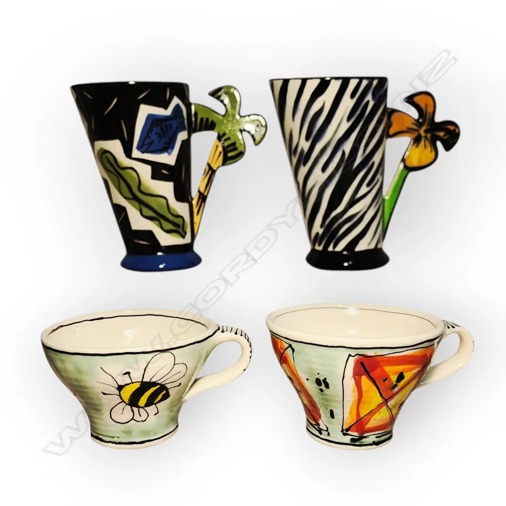 SET OF FOUR HANDCRAFTED CUPS BY NEW ZEALAND CERAMIC ARTISTS PETER HENDERSON AND VALESKA CAMPION Image 1++