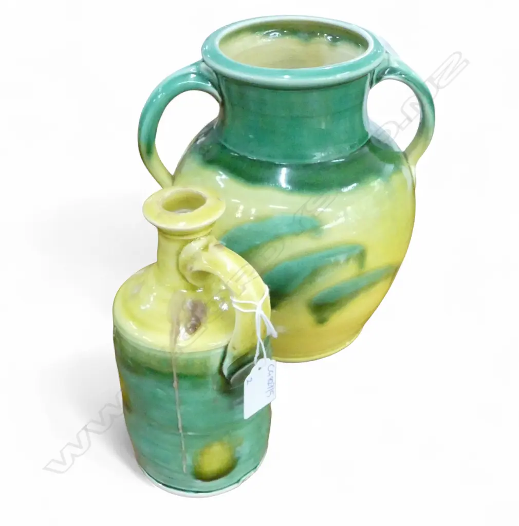 2 PCES ANDREW VAN DER PUTTEN STUDIO POTTERY; VASE H.230mm & BOTTLE Image 1++