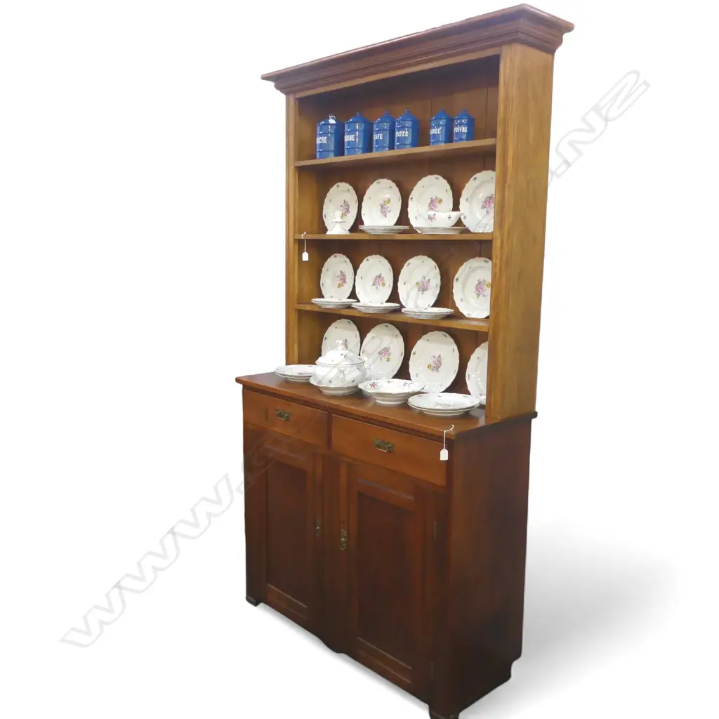 Open plate rack dresser, in two pieces with four shelves top and two drawers and two doors bottom Image 1++