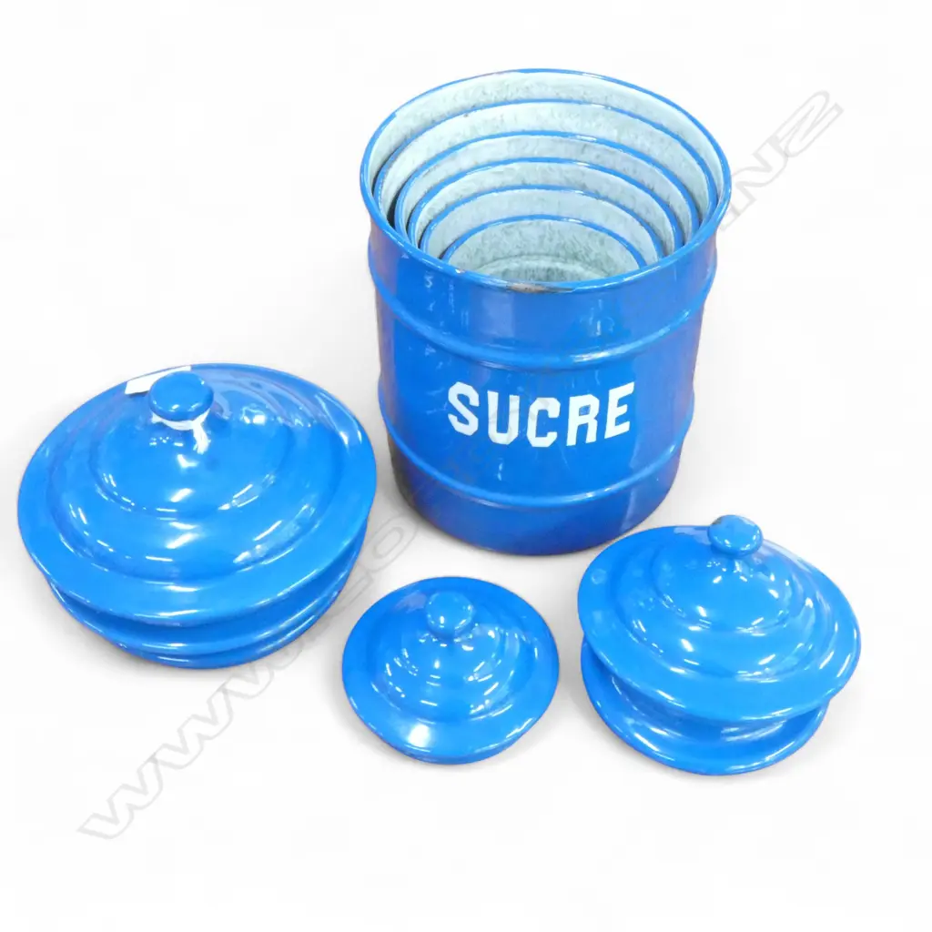 6 FRENCH BLUE ENAMEL GRADUATING KITCHEN CONTAINERS H.185mm Image 1++