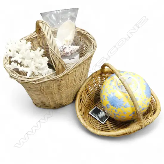 2 CANE BASKETS, YELLOW LIDDED VASE, RESIN CORAL, HURRICANE LAMP AF ETC