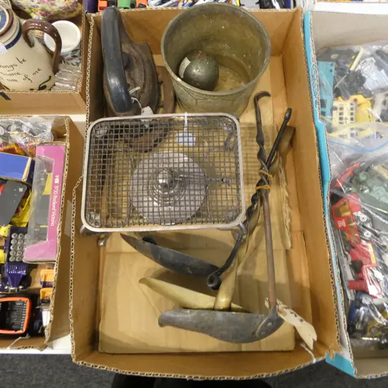 VICT. PLATE FOOD WARMER, ANTIQUE LADLES for filling CROCKS/JARS, LATE 19THC CANNONBALL, WWI TRENCH ART JARDIERE & IRON