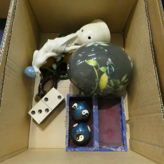 6 ITEMS; BOADING BALLS, MINI WOODEN DOMINOS, DECOUPAGE EGG, GERMAN FIGURINE, ORANGE BRANCH CERAMIC