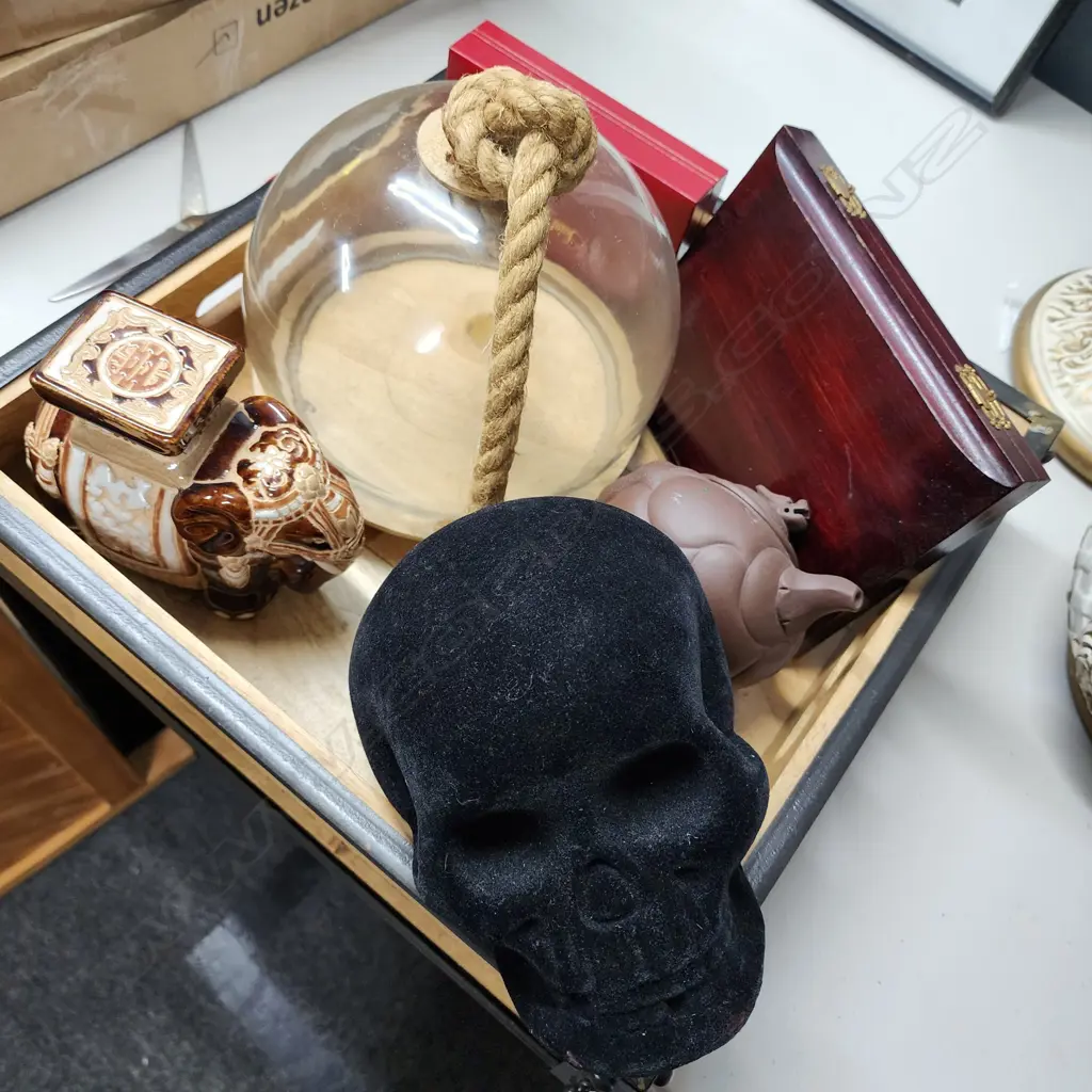ASST. ITEMS; LARGE GLASS WITH A ROPE KNOT, TEAPOT, BLACK, VELVET-COVERED SKULL ETC Image 1++