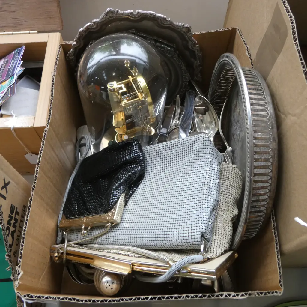 ASST. EP; CUTLERY, TRAYS, DOME CLOCK, 3 MESH EVENING BAGS ETC Image 1++