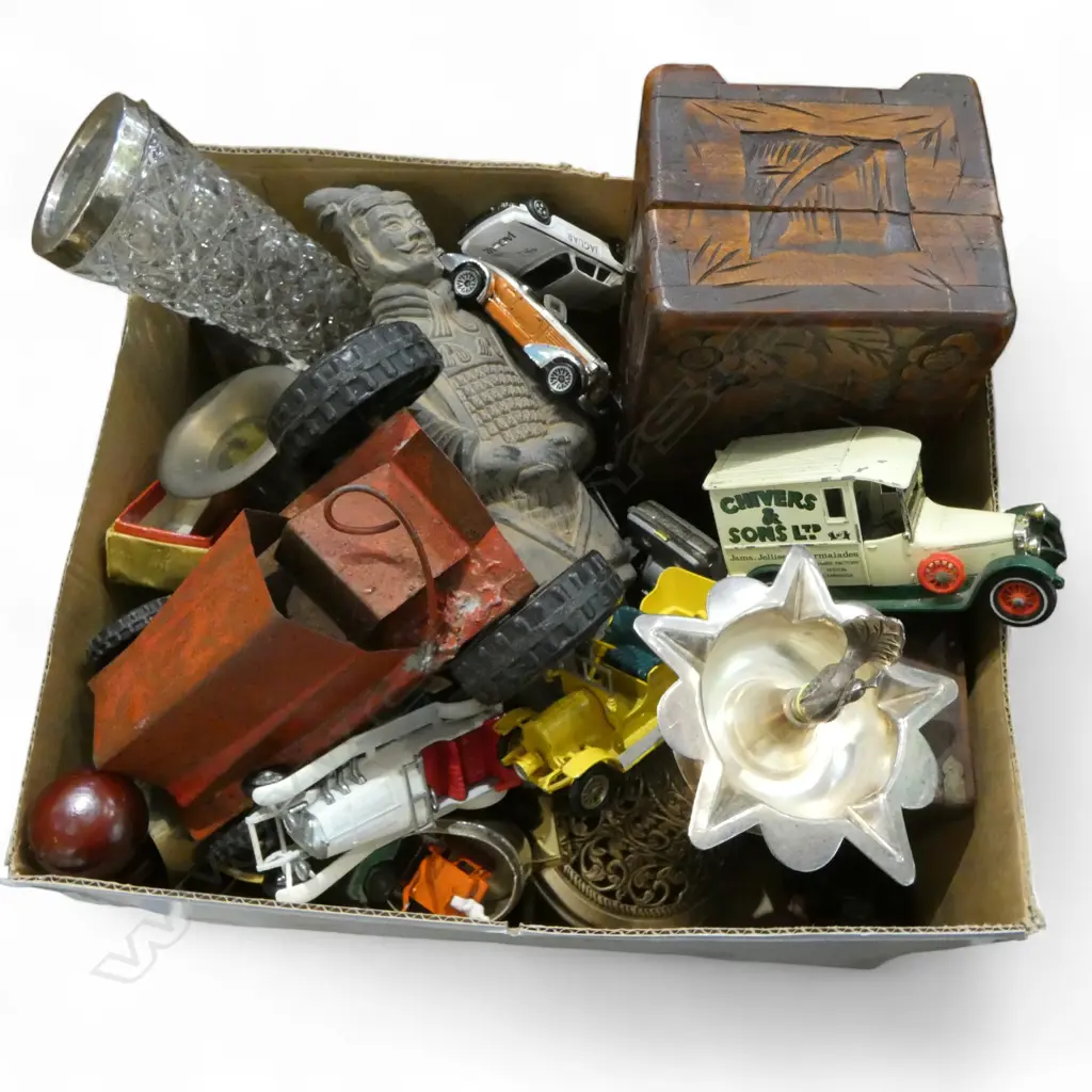 ASST. ITEMS; TERRACOTTA WARRIOR, MODEL CARS, STG SIL RIMMED CRYSTAL VASE, ETC Image 1++