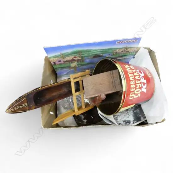 ASST. ITEMS; 2 DICK FRIZZELL KFC BUCKETS, MARAE CLOCK FRAME ETC 