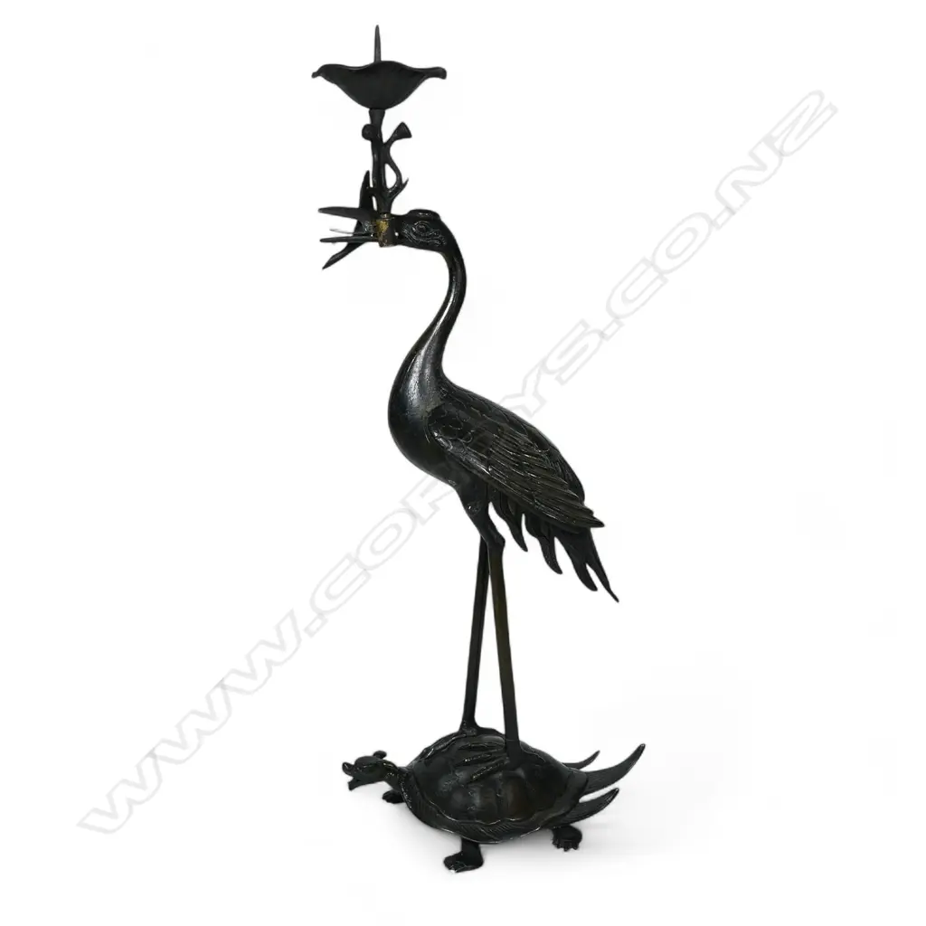 A 19thC Japanese bronze stork on crane figured pricket candlestick Image 1++