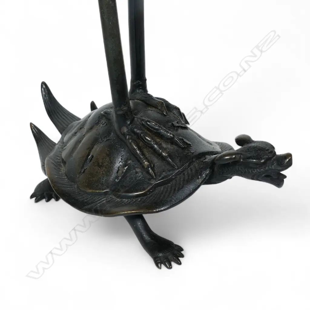 A 19thC Japanese bronze stork on crane figured pricket candlestick Image 1++