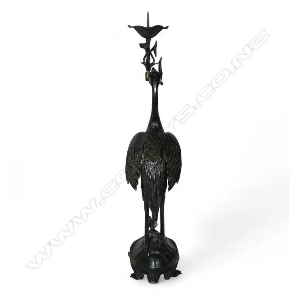 A 19thC Japanese bronze stork on crane figured pricket candlestick Image 1++