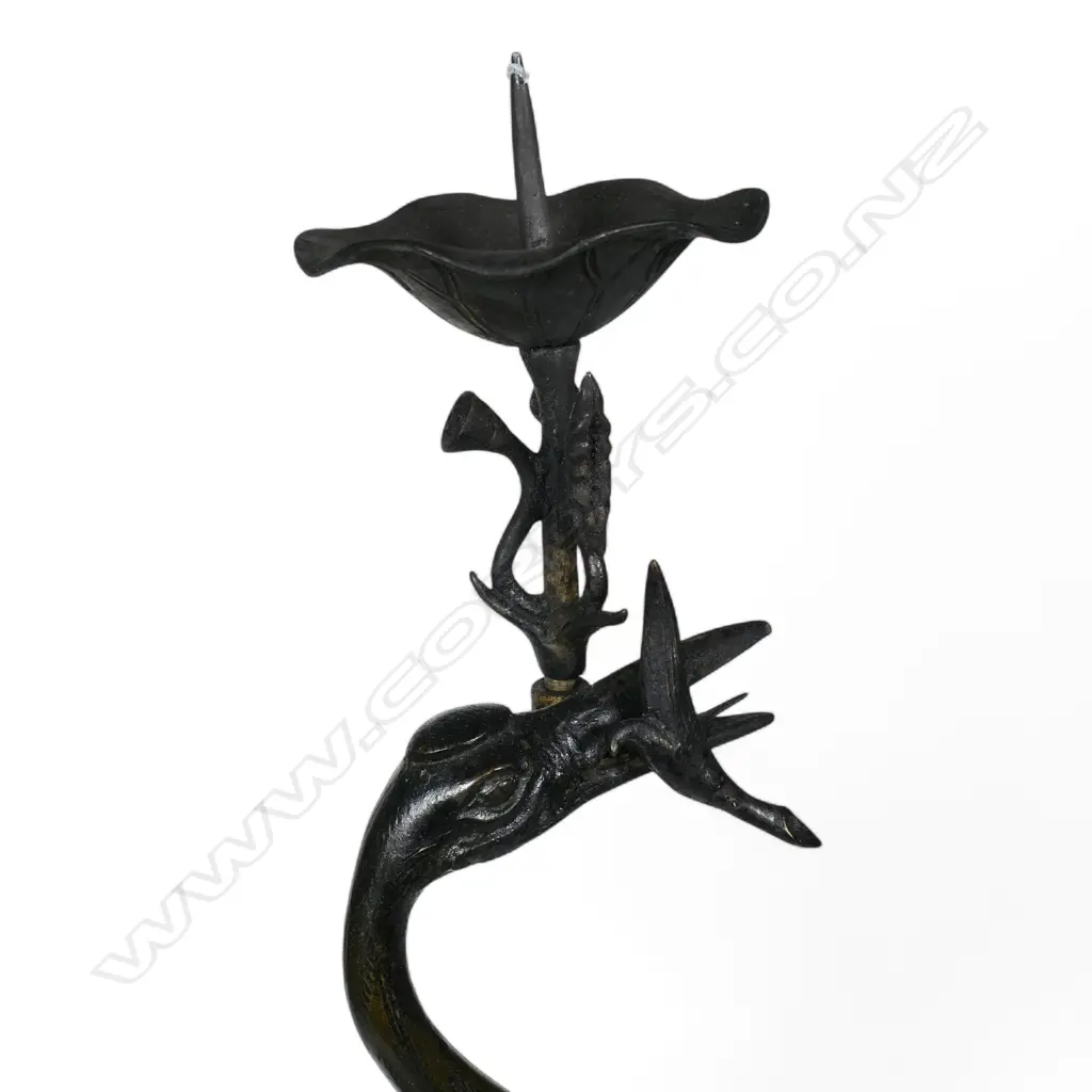 A 19thC Japanese bronze stork on crane figured pricket candlestick Image 1++