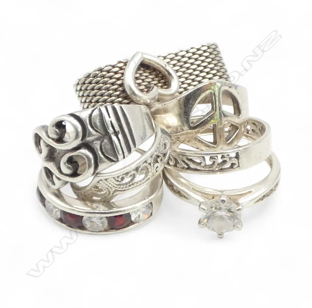 7 SILVER RINGS, TWO w CZs, 24.81gm Image 1++