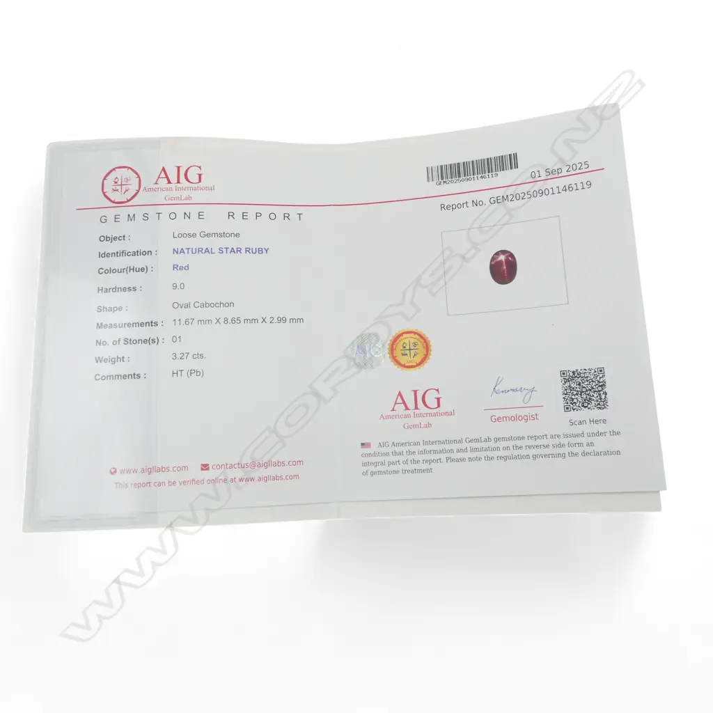 STAR RUBY & CZ RING, GILT SETTING, CLARITY of STONE ENHANCED, AIG CERT SIZE P1/2 Image 1++