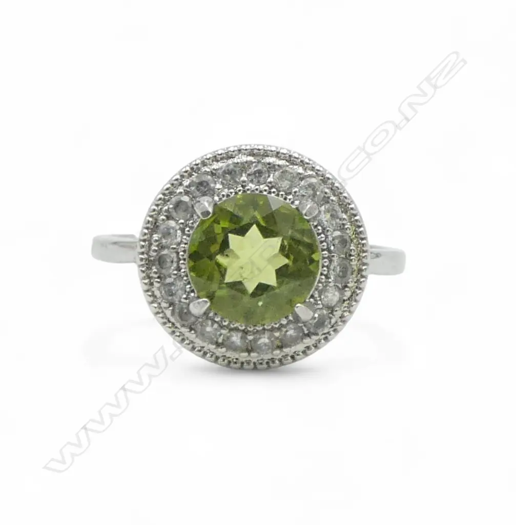 PERIDOT & CZ SILVER RING, AIG CERT SIZE R Image 1++