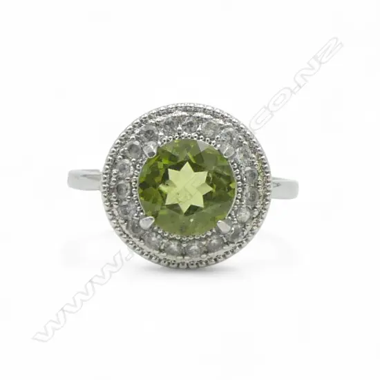 PERIDOT & CZ SILVER RING, AIG CERT SIZE R
