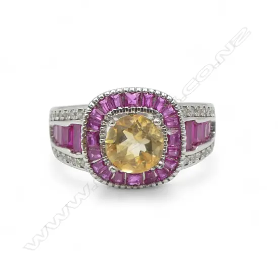 CITRINE SET CENTRE with red/white set stones COSTUME  RING, AIG CERT SIZE P1/2