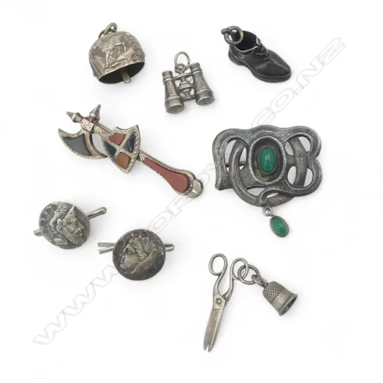 SILVER ART NOUVEAU BROOCH + 4 CHARMS + 2 CLASSICAL BUTTONS + SCOTTISH AXE & SHIELD BROOCH 