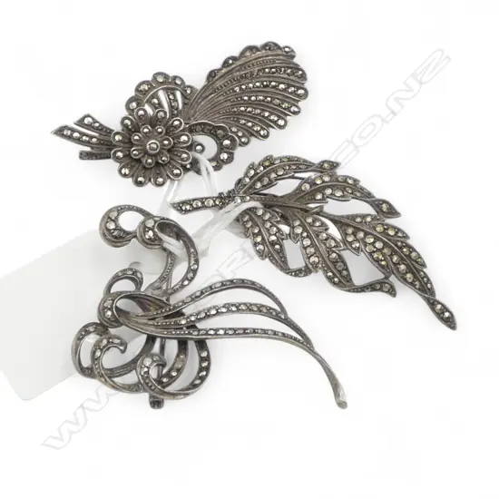 3 VINTAGE SILVER & MARCASITE BROOCHES 1 with some marcasites missing
