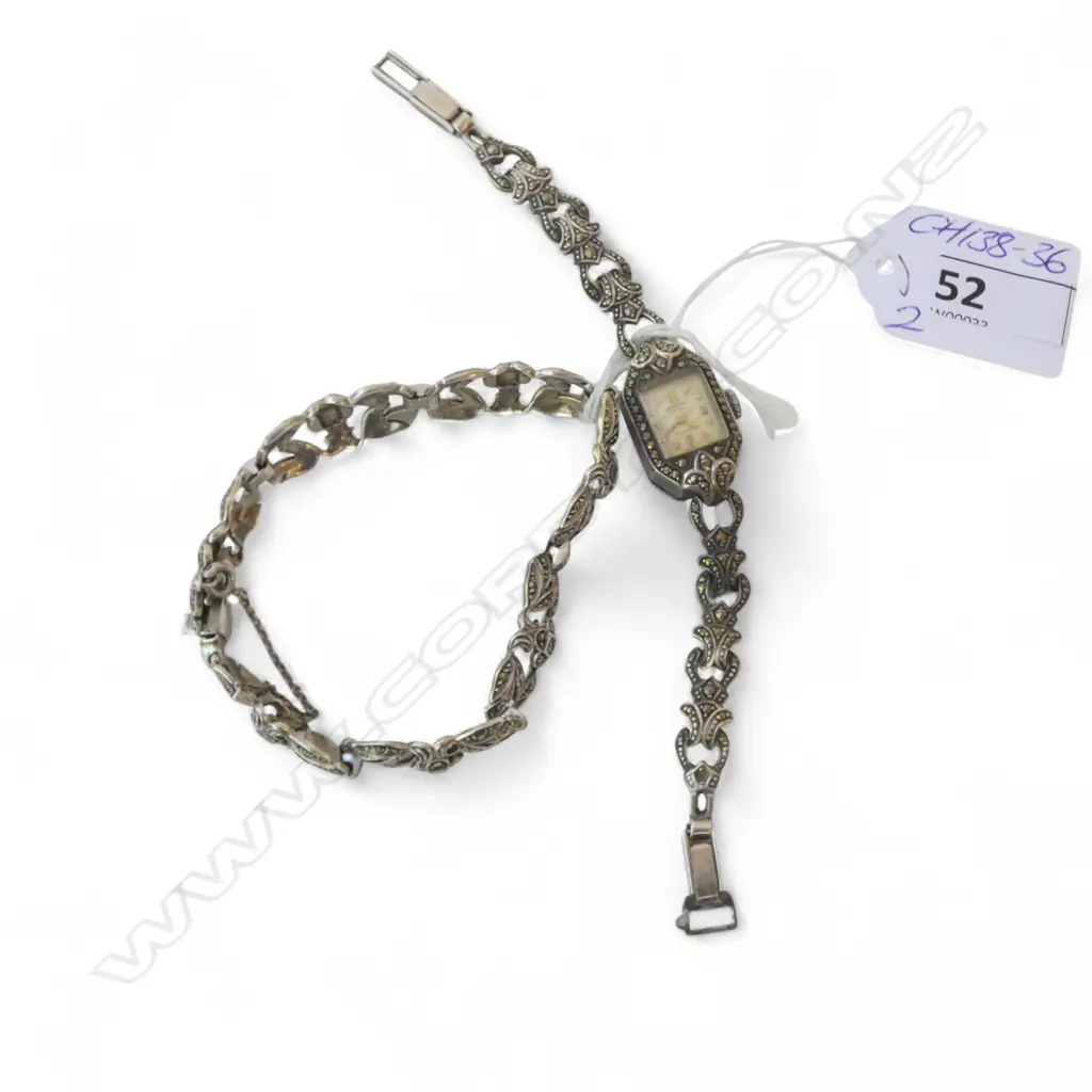 SILVER & MARCASITE VINTAGE BRACELET & WRISTWATCH (watch strap catch missing) Image 1++