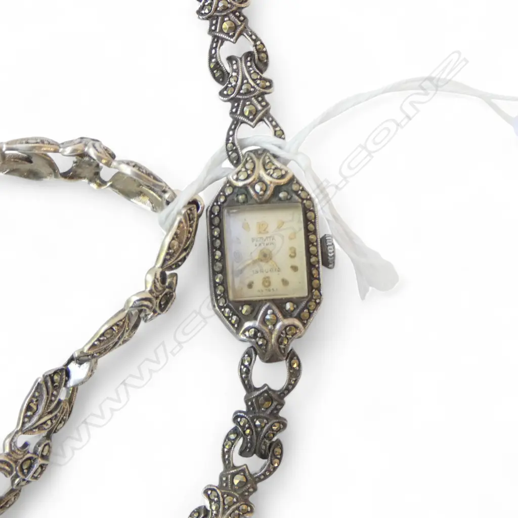 SILVER & MARCASITE VINTAGE BRACELET & WRISTWATCH (watch strap catch missing) Image 1++