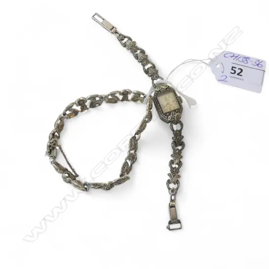SILVER & MARCASITE VINTAGE BRACELET & WRISTWATCH (watch strap catch missing)