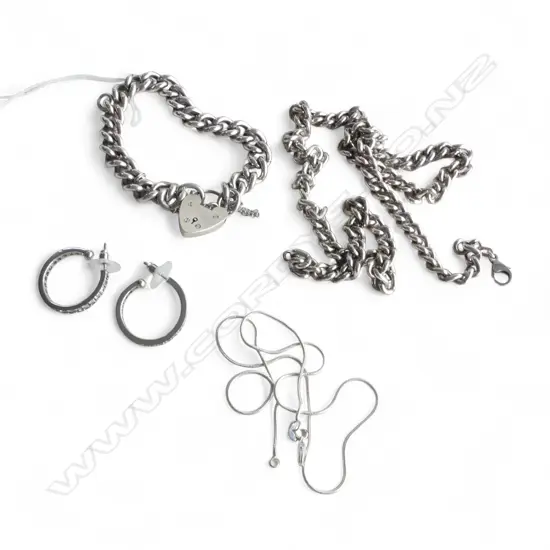 2 STG SILVER NECKLACES + BRACELET, 111gms + PR COSTUME HOOP EARRINGS