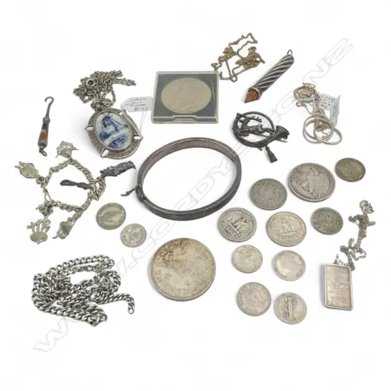 ASST. MAINLY SILVER JEWELLERY + COINS
