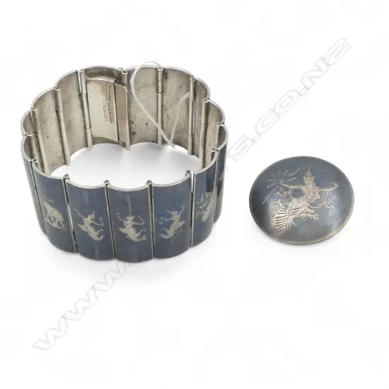 SIAM STG SILVER BRACELET with niello dancing ladies & elephant + BROOCH 70gms